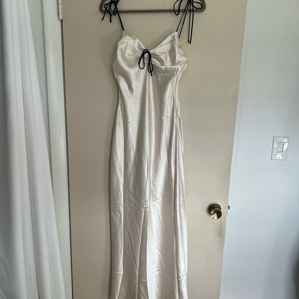 Selfie Leslie Ivory Satin Maxi Dress with Black Straps